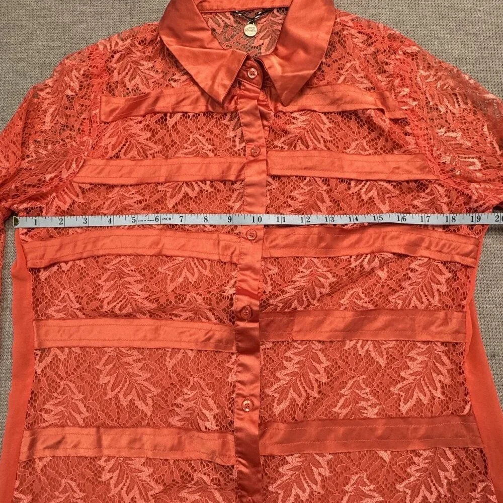BKE Boutique Sheer Blouse Womens Sz Medium Stripe Lace Long Sleeve Coral Orange - Picture 11 of 15